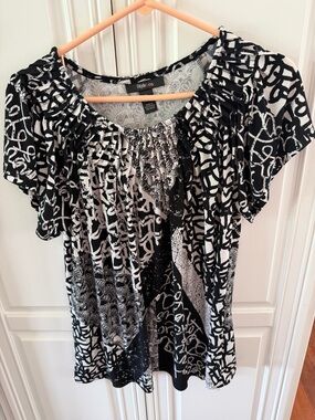 Style & Co. Black & White Patterned Short Sleeve Blouse